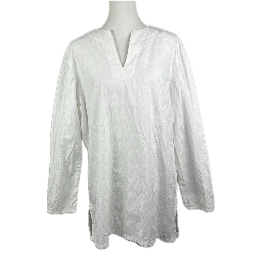 Lands End Embroidered  Tunic Coverup Top Sz L 14-16 Coastal Beachy Swim Resort